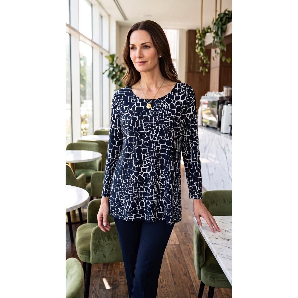 Susan Graver Navy White Geometric Longsleeve Tunic Career Officecore XL